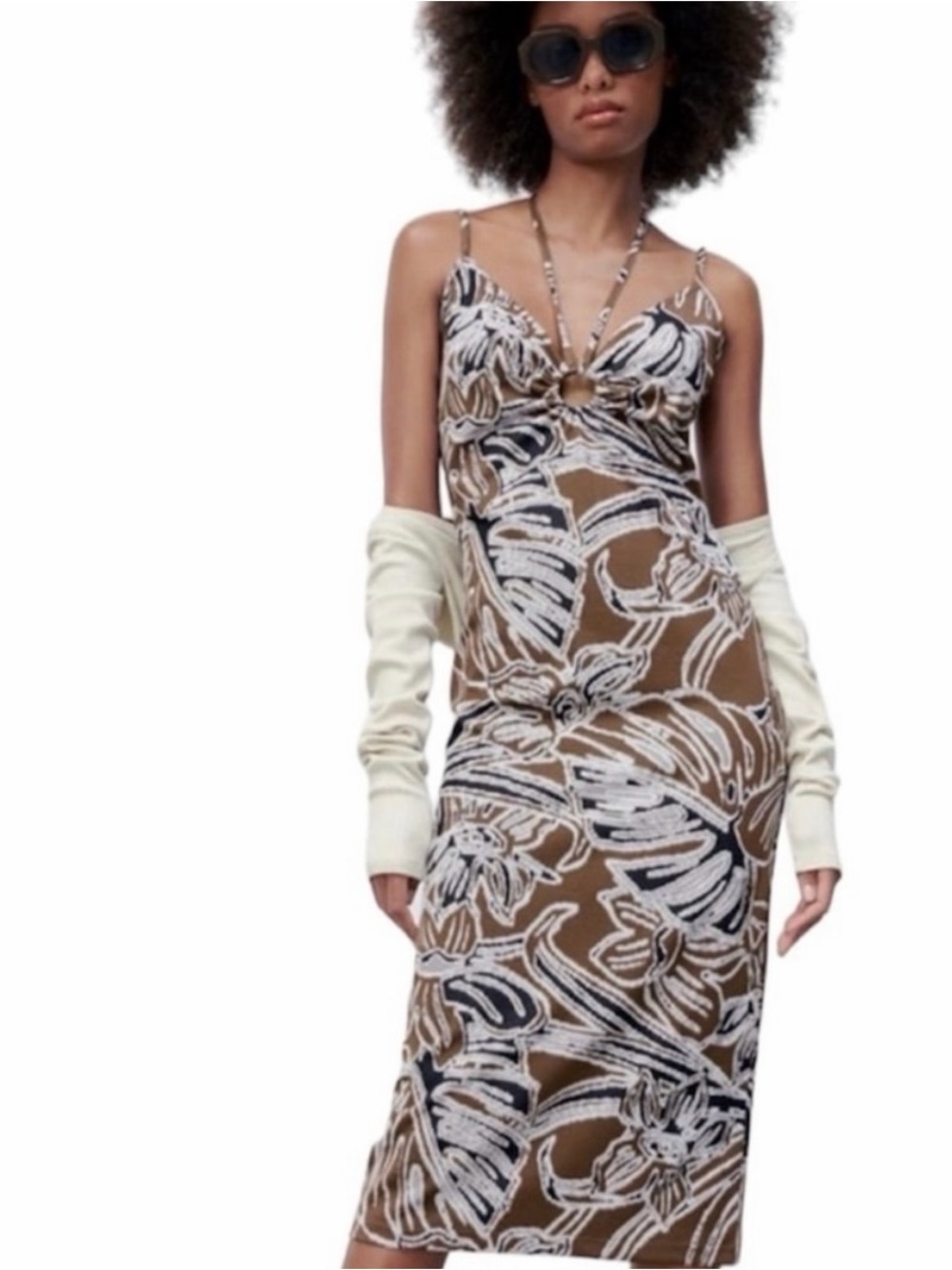 ZARA Brown Palm Jacquard O Ring Halter Midi Dress S